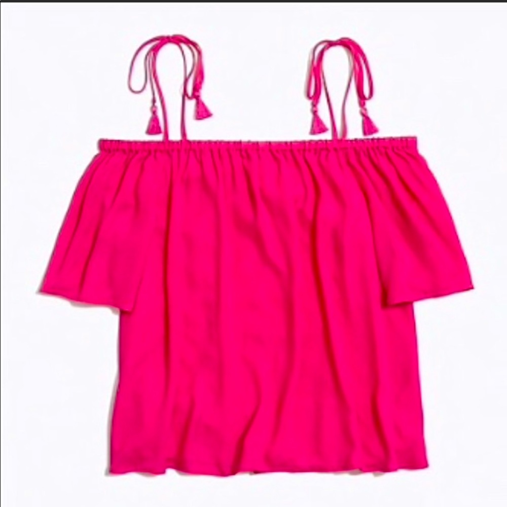 NWT J. Crew Hot Pink Off the Shoulder Tassel Top